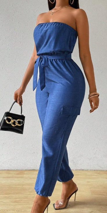 Women's Summer Casual Denim-Look Strapless Jumpsuit