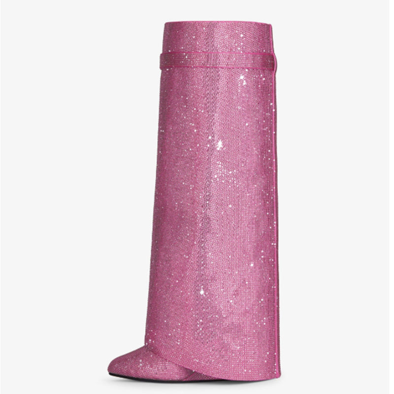 Round Toe Wedge High Heel Knee-High Boots with Rhinestone Lock and Shark Buckle