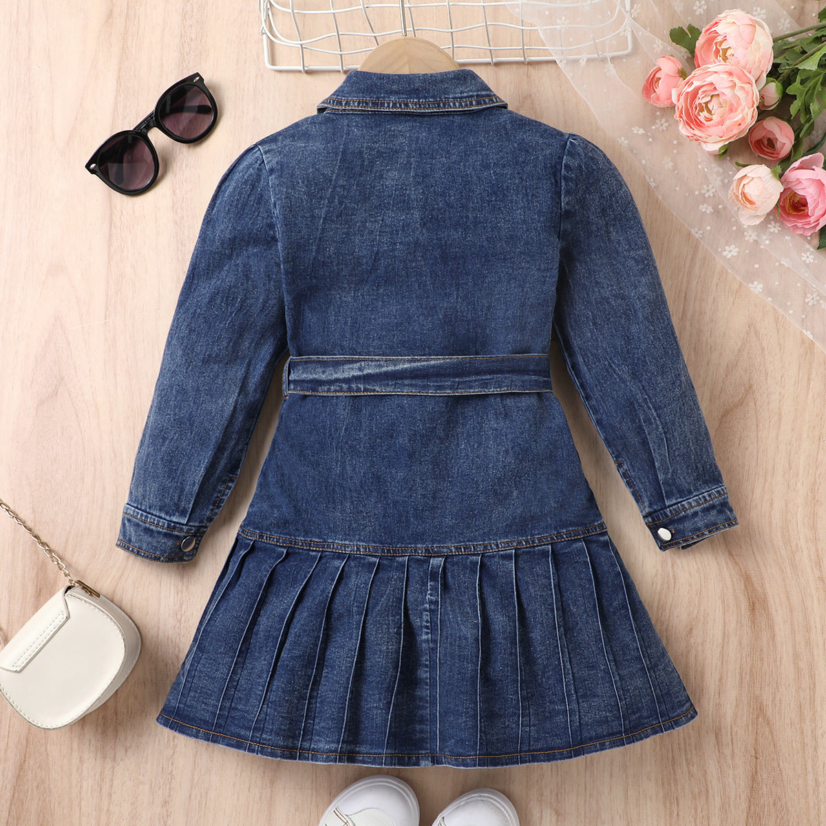 Bow Belt Pleated Denim Cardigan Dress Set