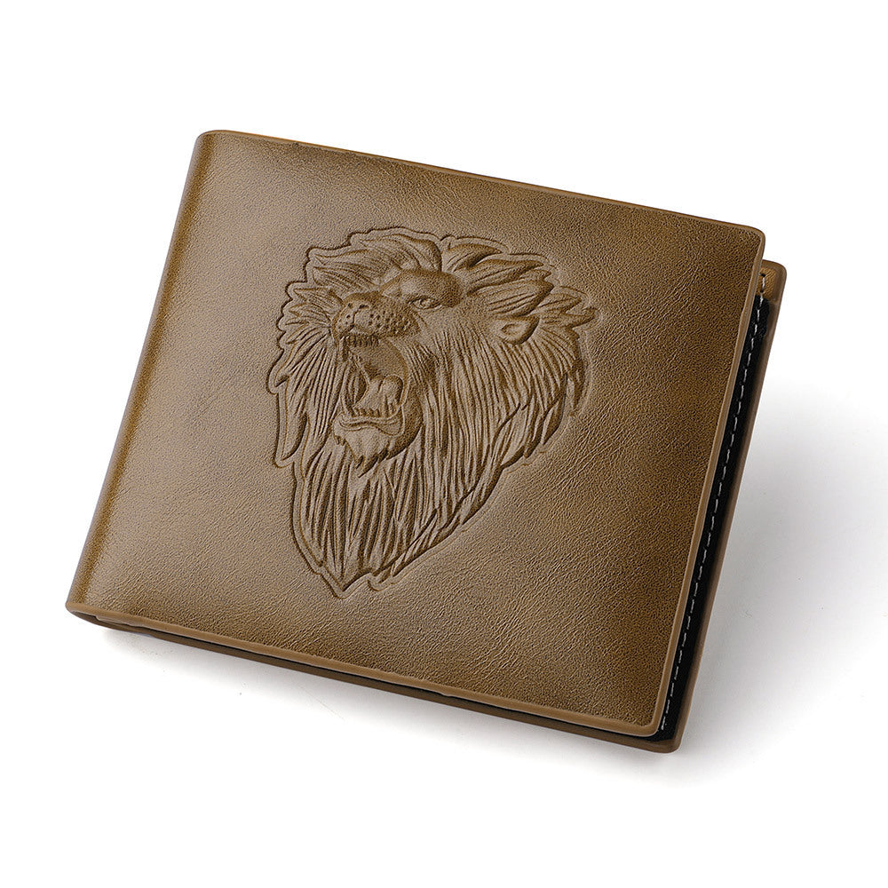 Majestic Lion Embossed Zipper Wallet - Men's Animal Print Design