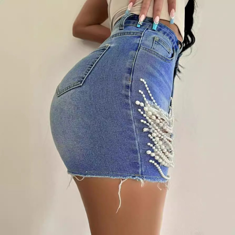 Beaded Edge High-Waisted Denim Shorts