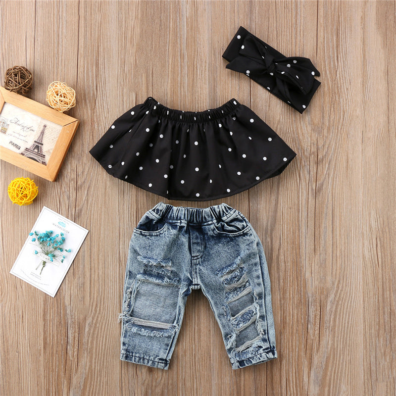 Dot Print Denim Ripped Trouser Set