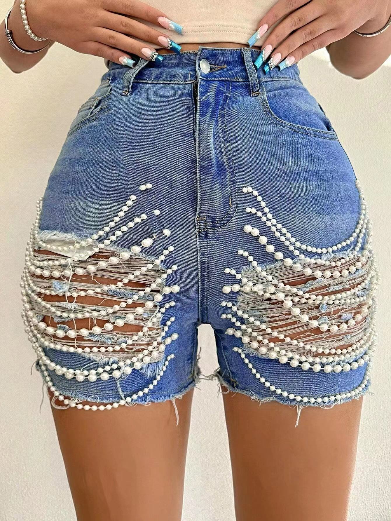 Beaded Edge High-Waisted Denim Shorts