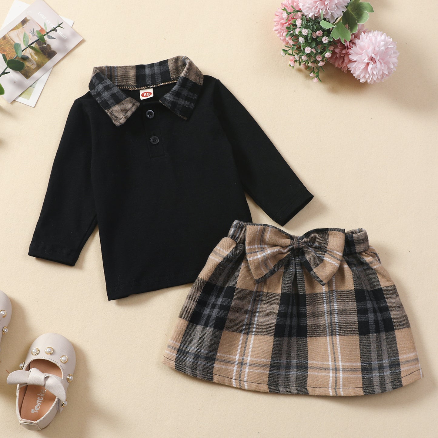 Trendy Plaid Shirt & Skirt Set – Stylish Long-Sleeve Combo for Girls