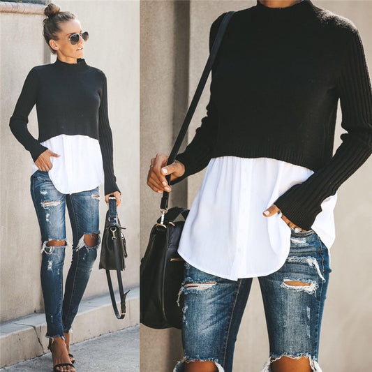 Stitching long sleeve button stitching women's top