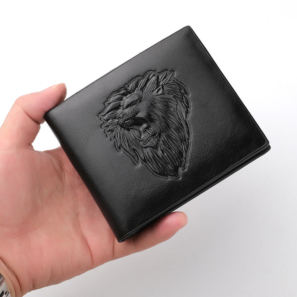 Majestic Lion Embossed Zipper Wallet - Men's Animal Print Design