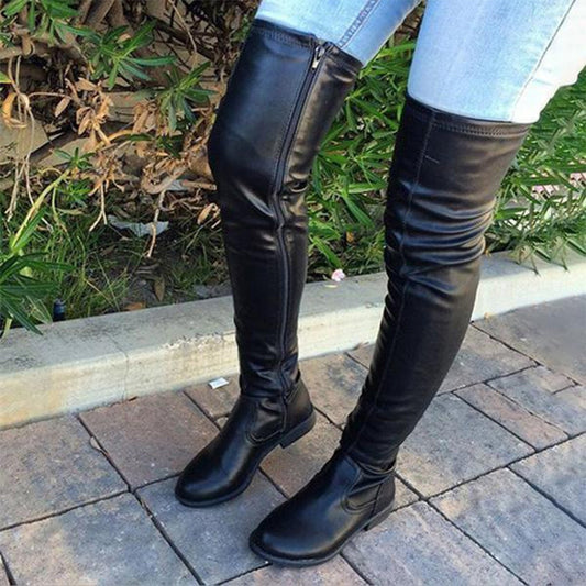 Round Head Low Square Heel Over-the-Knee Boots