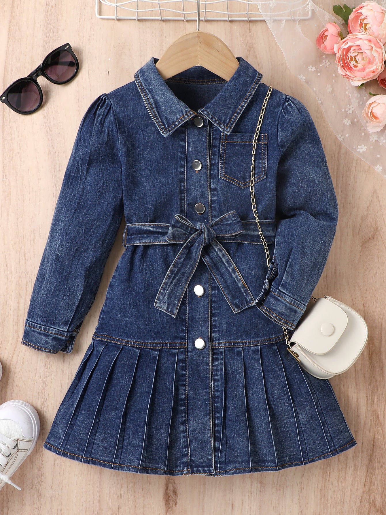 Bow Belt Pleated Denim Cardigan Dress Set