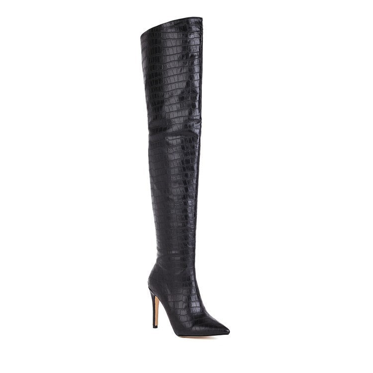 Leather Pointed Toe Back Zip High-Top Over-the-Knee Boots