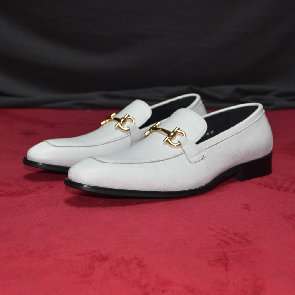 White Luxe Loafers with Gold Buckle