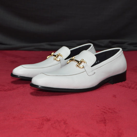 White Luxe Loafers with Gold Buckle