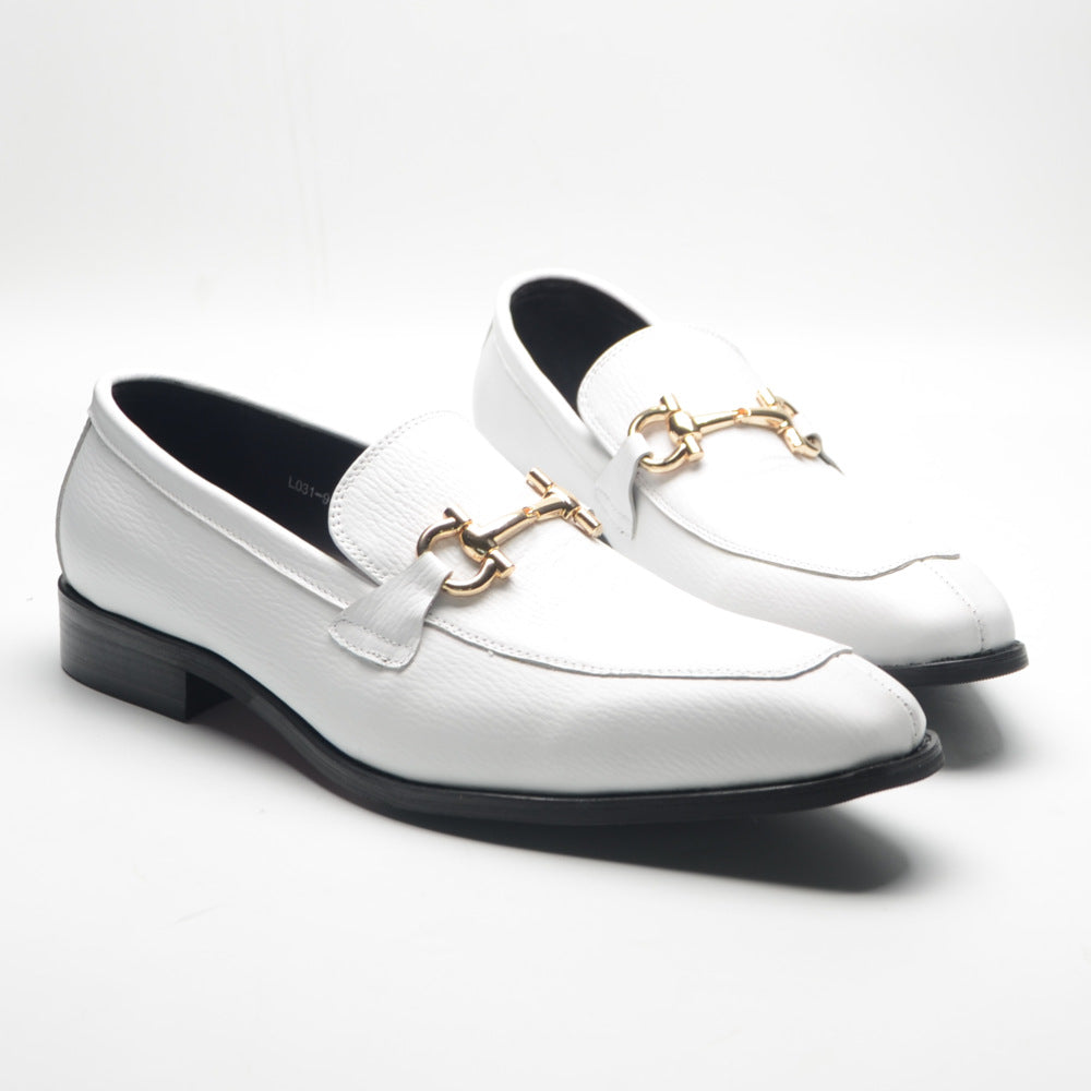 White Luxe Loafers with Gold Buckle