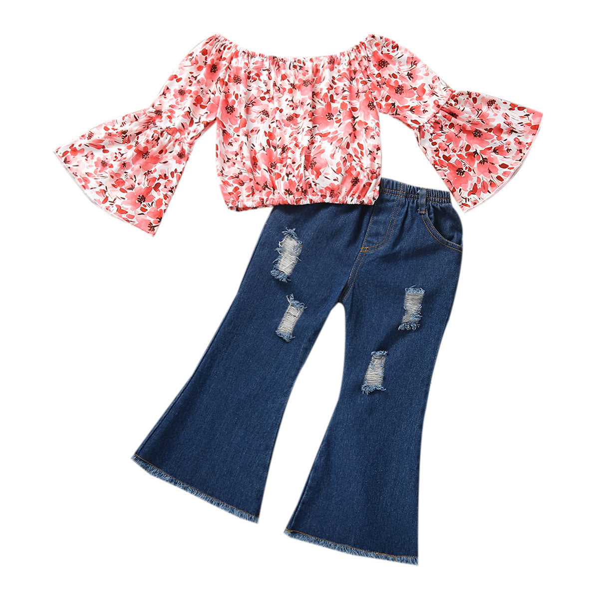 Girls' Flared Sleeve Top and Denim Trousers 2-Piece Set