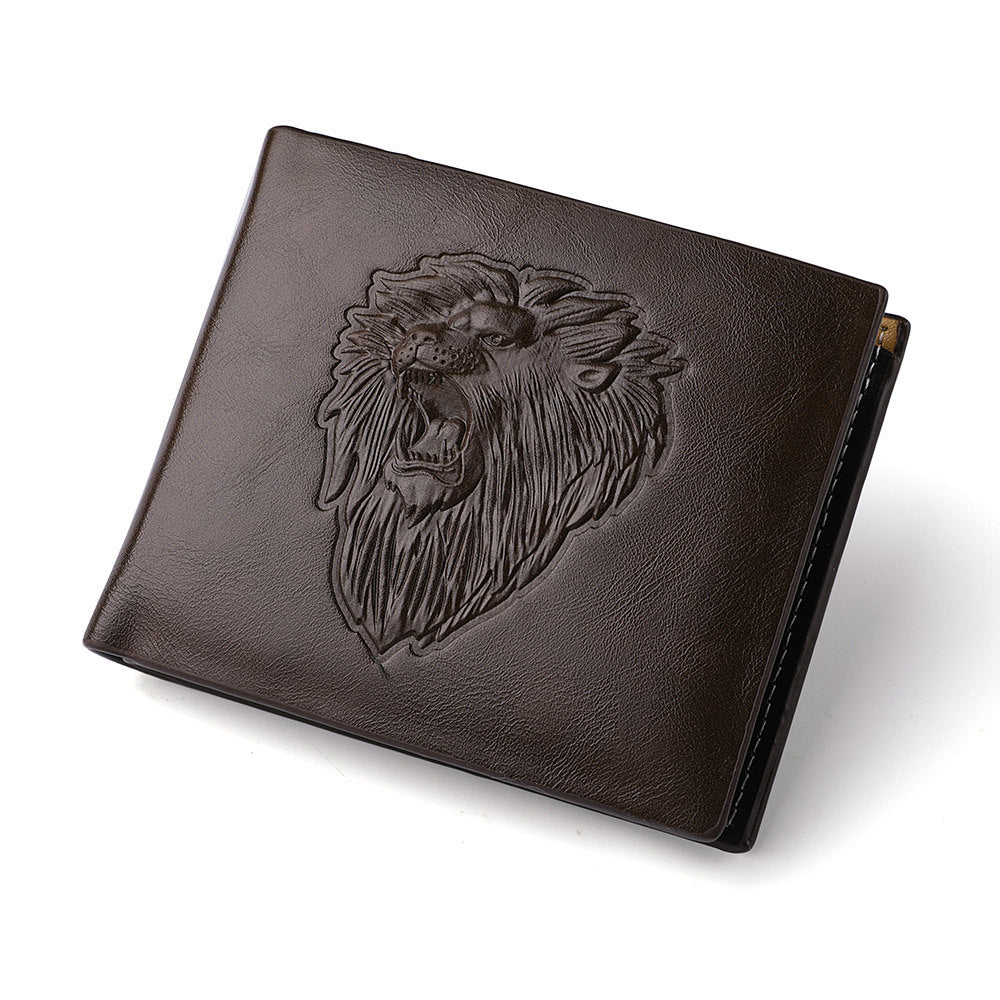 Majestic Lion Embossed Zipper Wallet - Men's Animal Print Design