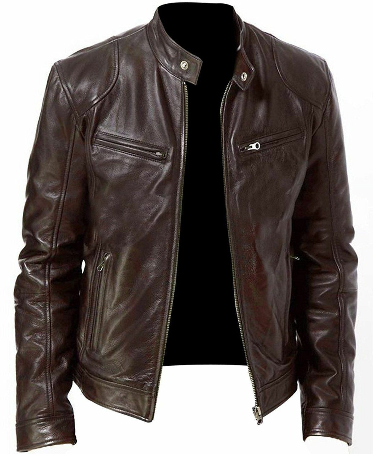 Stand-Up Collar Slim Fit Leather Gentleman Zipper Jacket