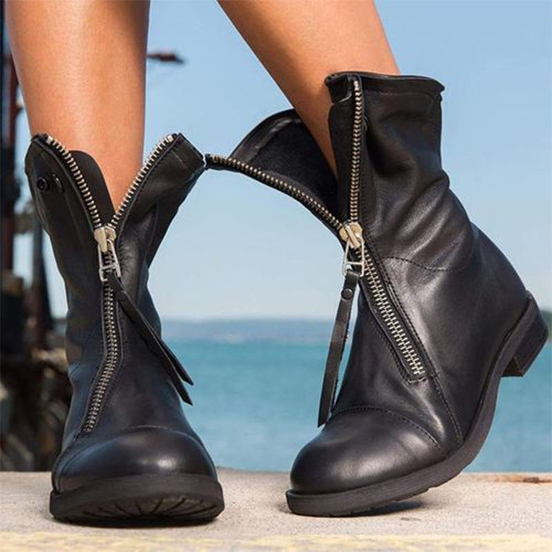 Front Zipper Brushed Ankle Boots with Low Square Heel