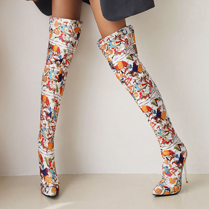 Pointed Toe Stiletto Back Zip Over-the-Knee Boots with Animated Art