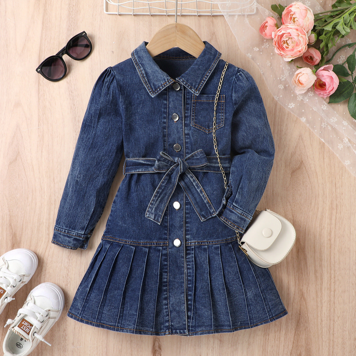 Bow Belt Pleated Denim Cardigan Dress Set