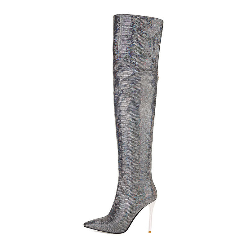 Pointed Toe Stiletto Back Zip Over-the-Knee Boots with Animated Art