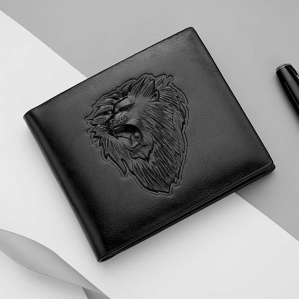 Majestic Lion Embossed Zipper Wallet - Men's Animal Print Design