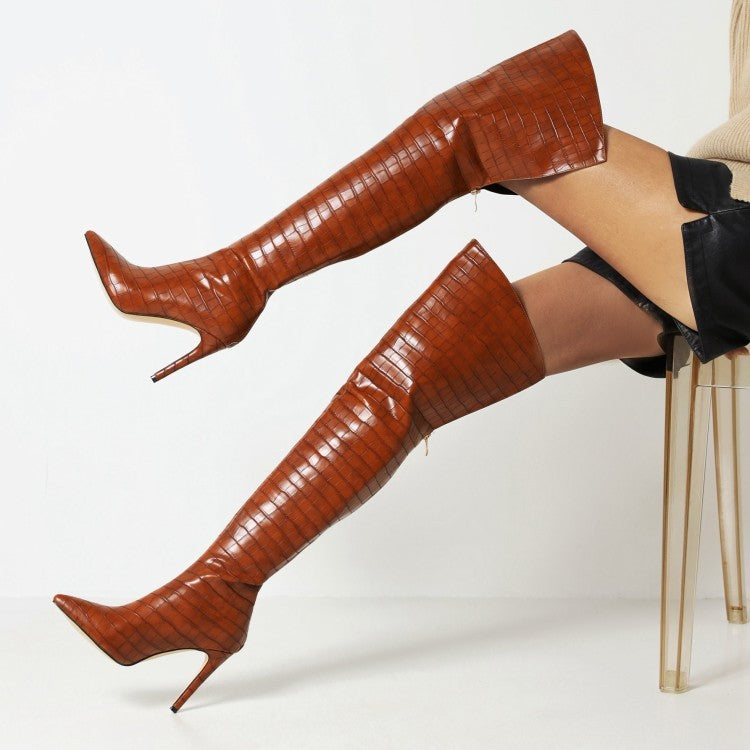 Leather Pointed Toe Back Zip High-Top Over-the-Knee Boots