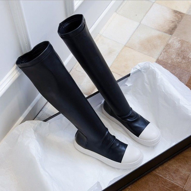 Simple Elastic Knee-Length Zipper-Back Boots with Thick Sole