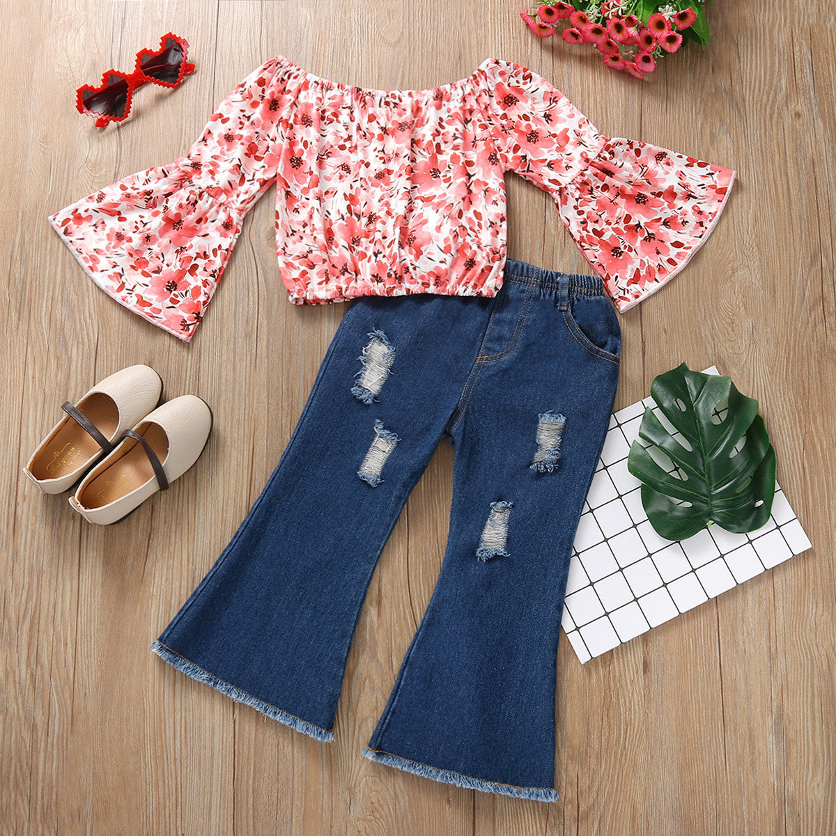 Girls' Flared Sleeve Top and Denim Trousers 2-Piece Set