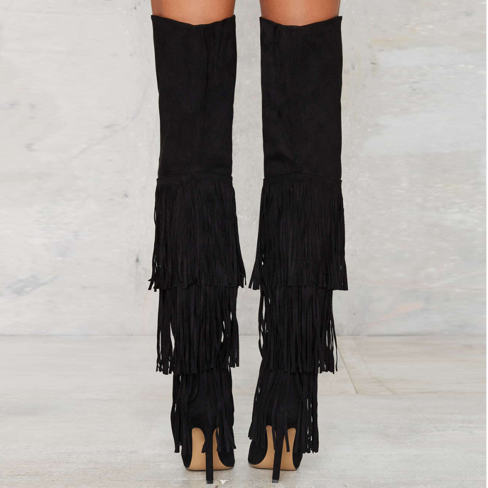 Fringed High Heel Over-the-Knee Boots