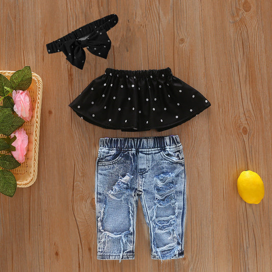 Dot Print Denim Ripped Trouser Set