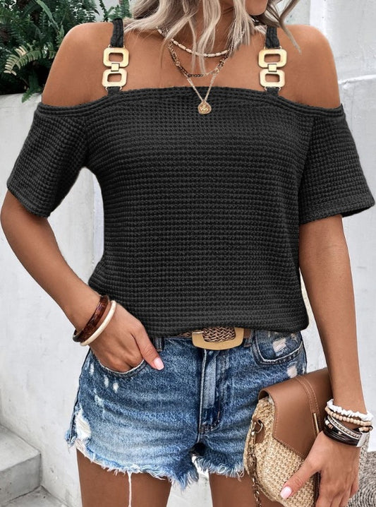 Solid Color Off-Shoulder Slimming T-Shirt