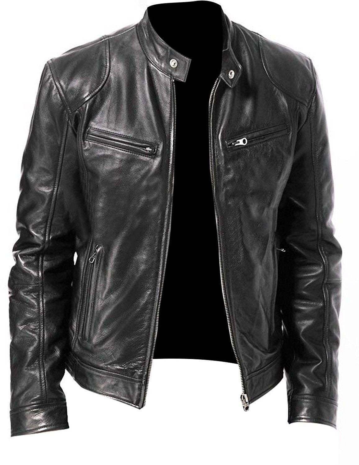 Stand-Up Collar Slim Fit Leather Gentleman Zipper Jacket